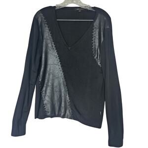 BCBG Maxazria Medium Ribbed Black Faux Leather Vegan Whip Stitch Top Mix Media